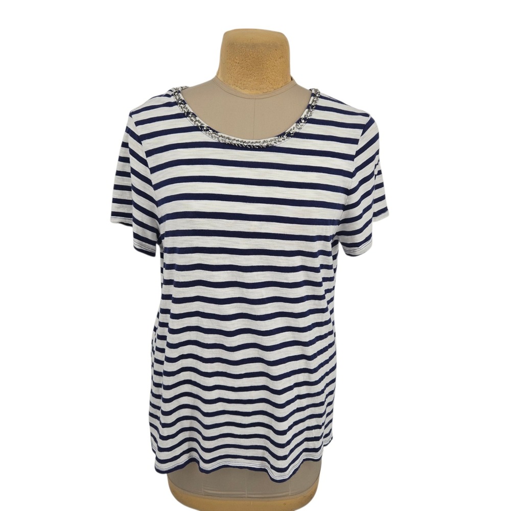 Chico's Striped T-Shirt Women 3 Blue White Embellished Neck Tie Back Nautical